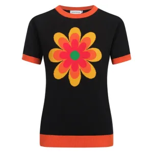 Women's Black Knitted T-shirt With Yellow Flowers