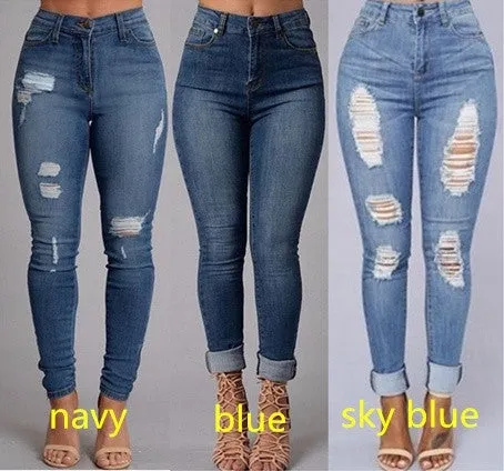 Women's fashion Sexy High Waist Pencil Jeans Casual Blue Ripped Denim Pants Lady Long Skinny Slim Maxi Jeans Trousers