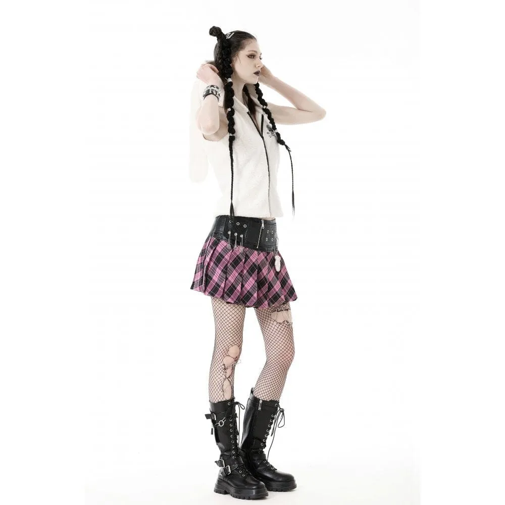 Women's Grunge Faux Leather Splice Plaid Pleated Skirt