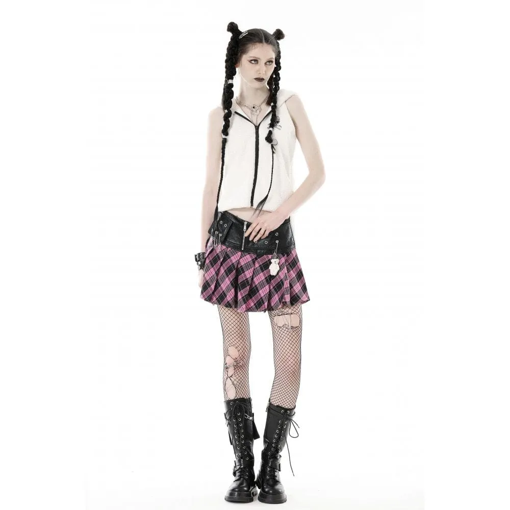 Women's Grunge Faux Leather Splice Plaid Pleated Skirt