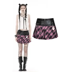 Women's Grunge Faux Leather Splice Plaid Pleated Skirt