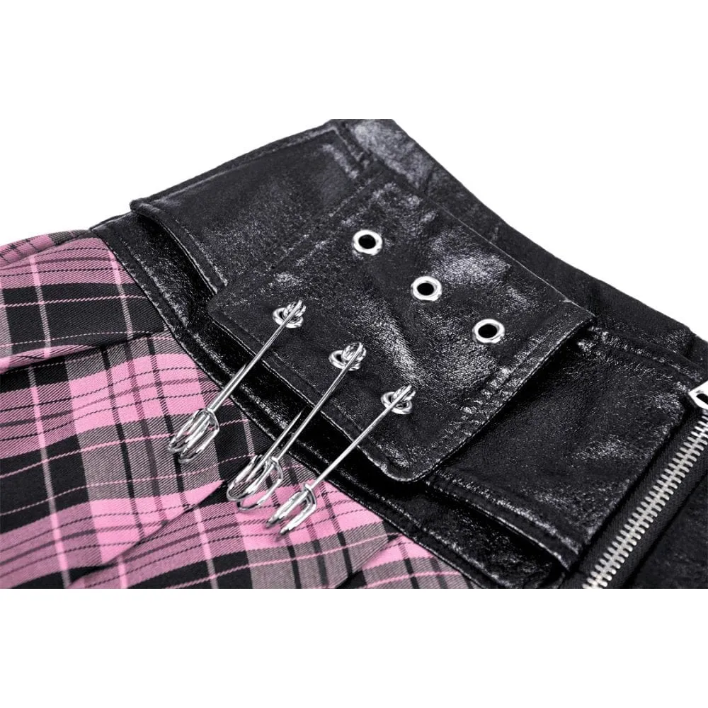 Women's Grunge Faux Leather Splice Plaid Pleated Skirt