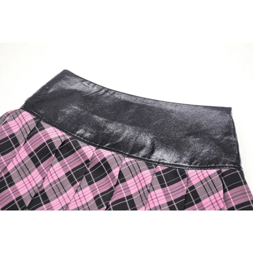 Women's Grunge Faux Leather Splice Plaid Pleated Skirt