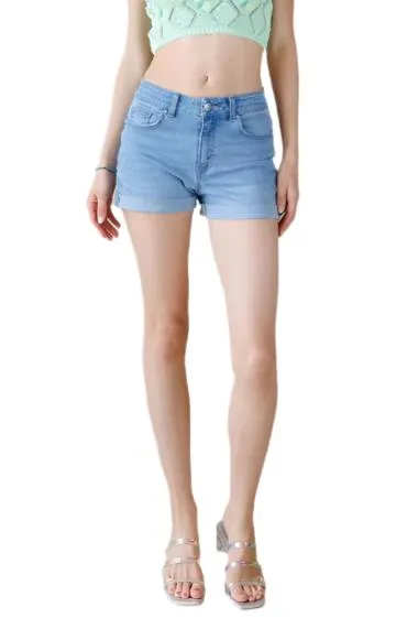 Women's High Rise Heavy Destructed Mid Length Short - Light Blue