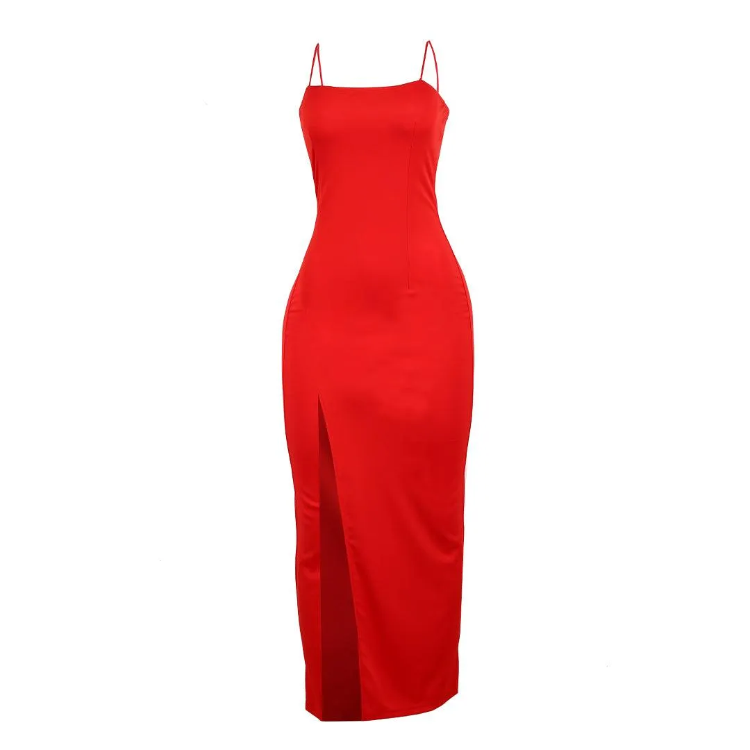 Women's Sexy Cowl Neck Bodycon Full Length Dress- Red