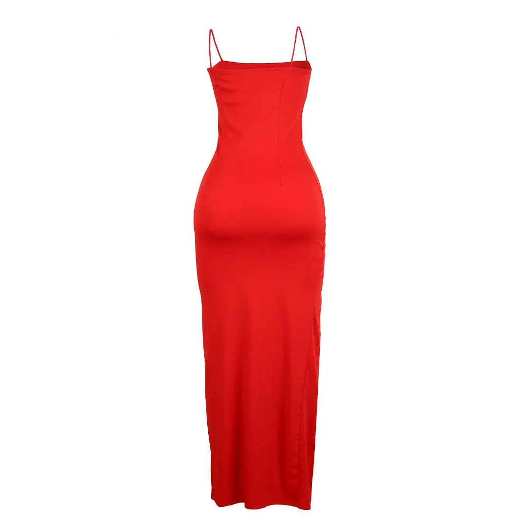 Women's Sexy Cowl Neck Bodycon Full Length Dress- Red