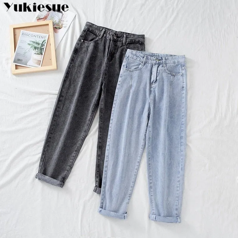 YUKIESUE High Waist Button Fly Cotton Spandex Denim Jean Pants